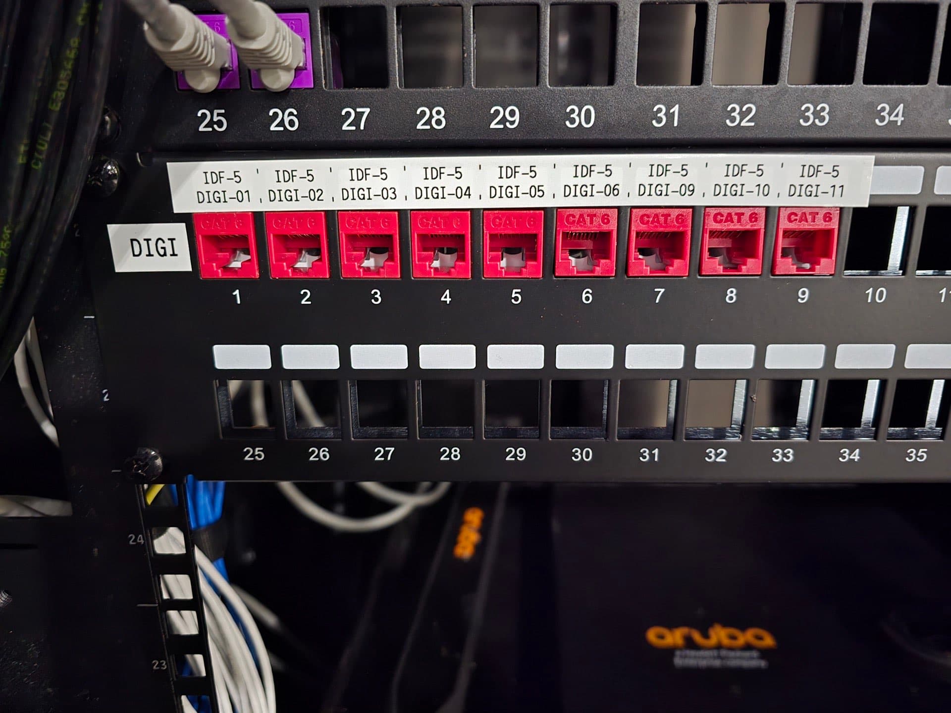 Professional fiber optic patch panel installation with organized DIGI connections